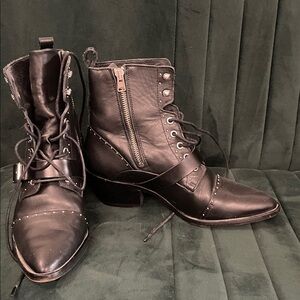 All Saints Black Leather Studded Lace-Up Moto Boots